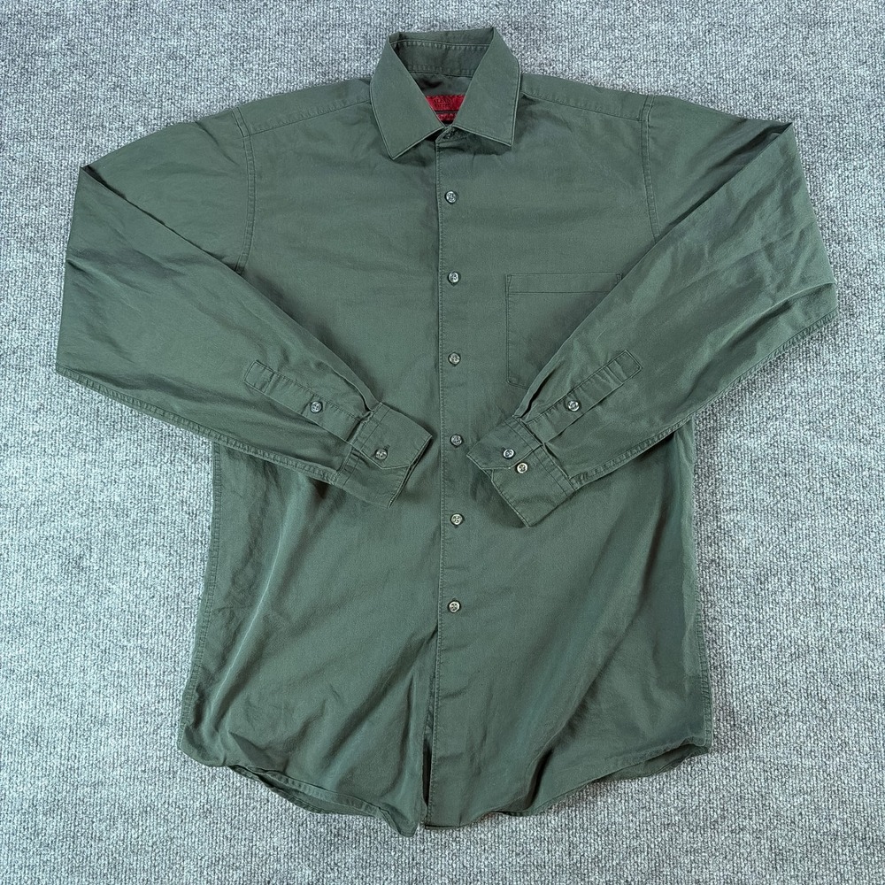 Alfani Fitted Mens‎ Button Down Shirt Olive Green Office Easy Care Size 15 34/35